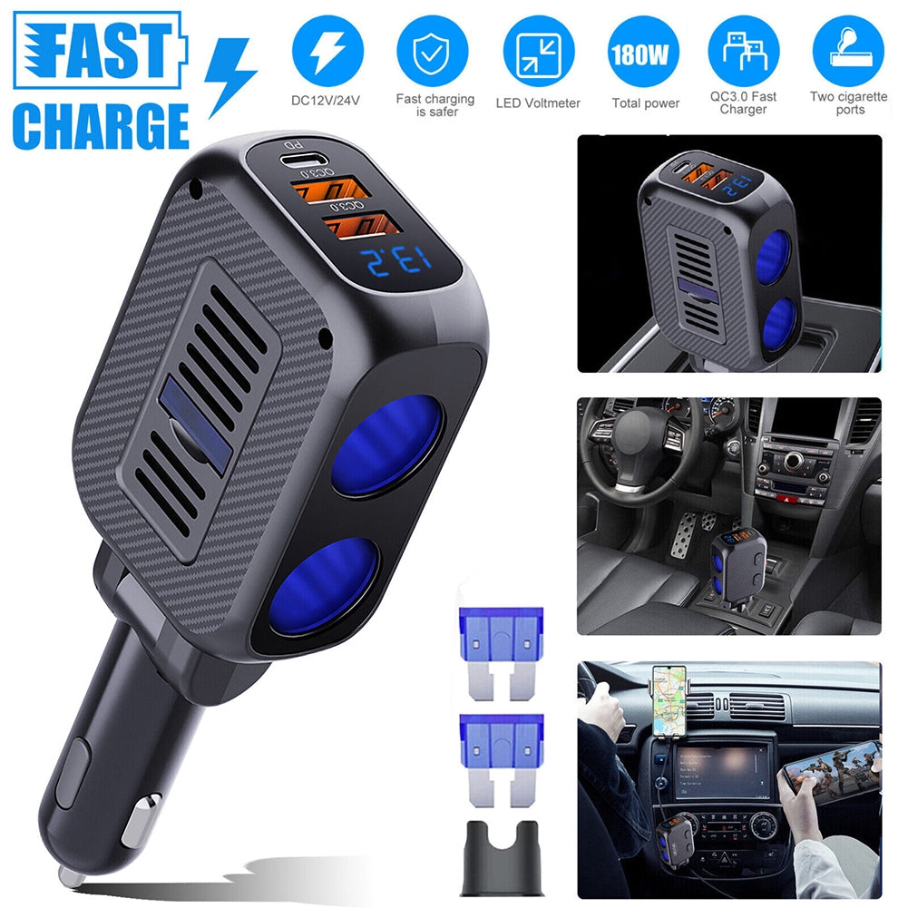 Car Charger 180W 2-Socket Cigarette Lighter Splitter Dual QC 3.0 - Premium Car Chargers from Rapidvehicles - Just $41.99! Shop now at Rapidvehicles