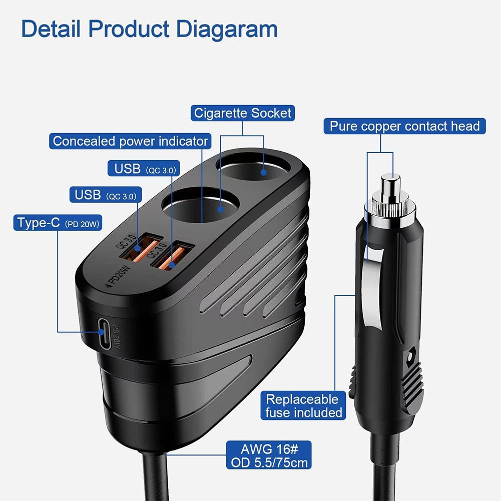 USB Car Charger Dual QC3.0 Single Type-C PD18W Fast Charging 2 Sockets Cigarette Lighter Splitter For 12/24V Vehicle black - Premium Car Chargers from Rapidvehicles - Just $31.89! Shop now at Rapidvehicles