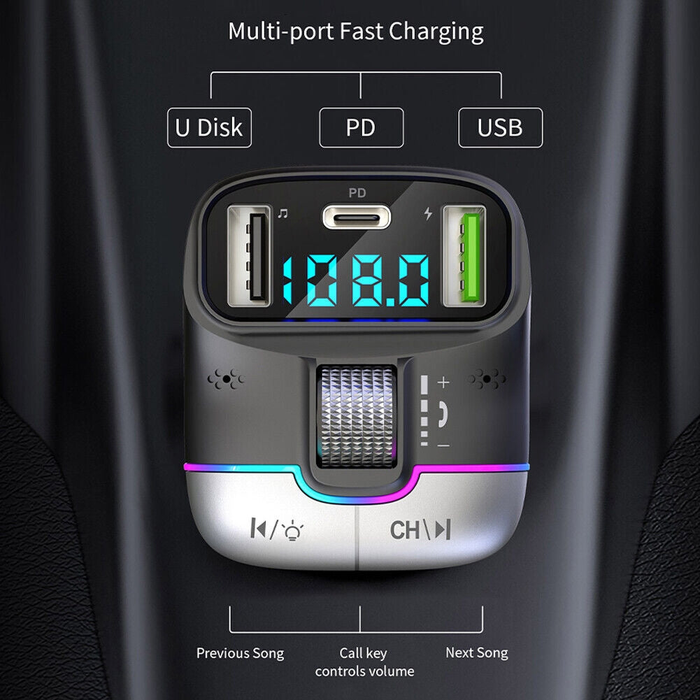 Car MP3 Player Adapter FM Transmitter With LED Display USB PD Fast Charger Supports Handsfree Call U Disk Black and silver - Premium Car Chargers from Rapidvehicles - Just $24.99! Shop now at Rapidvehicles