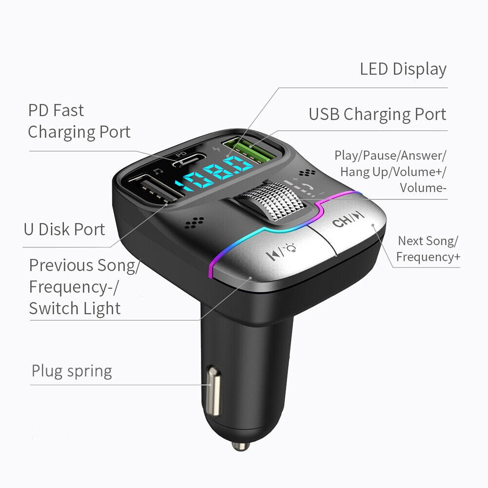 Car MP3 Player Adapter FM Transmitter With LED Display USB PD Fast Charger Supports Handsfree Call U Disk Black and silver - Premium Car Chargers from Rapidvehicles - Just $24.99! Shop now at Rapidvehicles