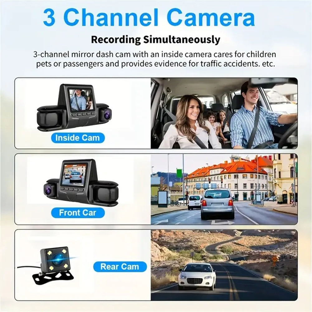 Dash Cam 3 Channel Front Rear Inside 1080P Car Dvr Dashboard Camera with IR Night Vision Loop Recording Black - Premium Car DVR from Rapidvehicles - Just $52.68! Shop now at Rapidvehicles