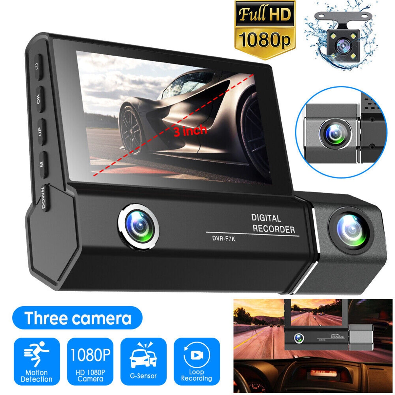 1080P 3 Lens Dash Cam Car Dvr 3.0 Inch HD Ips Screen Wide Angle Rearview Video Recorder Camera G-Sensor Black - Premium Car Rear View Camera from Rapidvehicles - Just $45.17! Shop now at Rapidvehicles