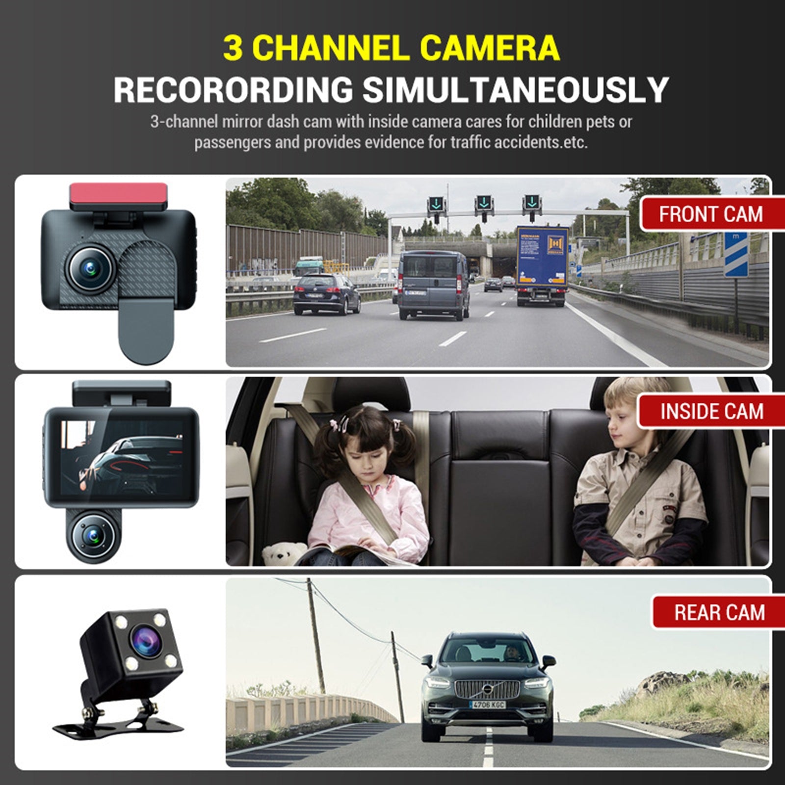 Dash Cam Front Rear Inside 3 Channel 1080P 4.0 Inch Screen Car Dvr Night Vision G-Sensor Parking Monitor Black - Premium Car DVR from Rapidvehicles - Just $49.47! Shop now at Rapidvehicles