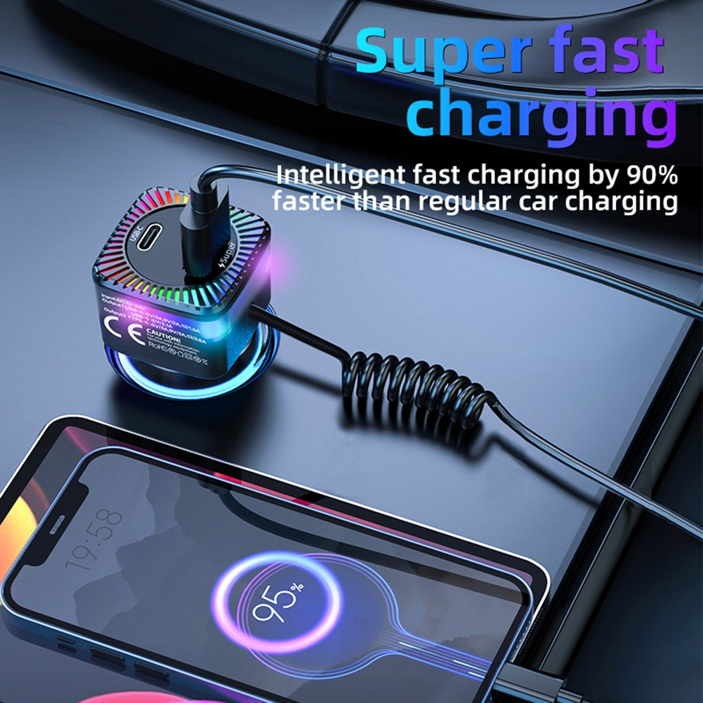 USB C Car Charger With 100W Type C Coiled Cable FM Transmitter Wireless Audio Receiver Car MP3 Player With Ambient Light black - Premium Car Chargers from Rapidvehicles - Just $23.99! Shop now at Rapidvehicles