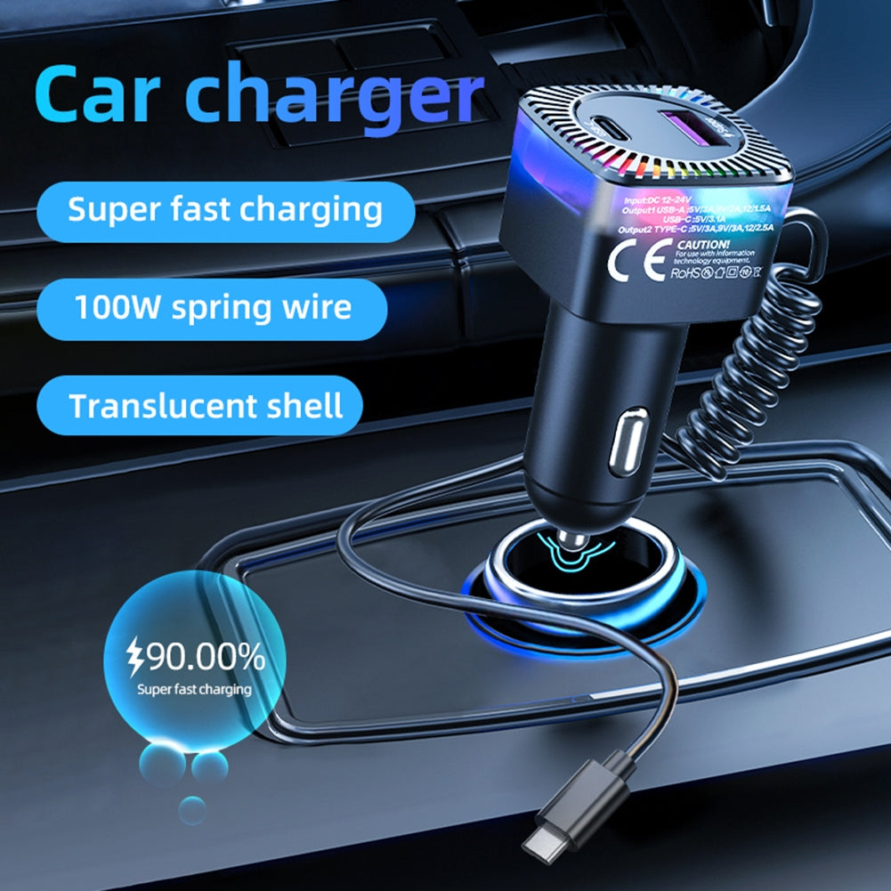 USB C Car Charger With 100W Type C Coiled Cable FM Transmitter Wireless Audio Receiver Car MP3 Player With Ambient Light black - Premium Car Chargers from Rapidvehicles - Just $23.99! Shop now at Rapidvehicles