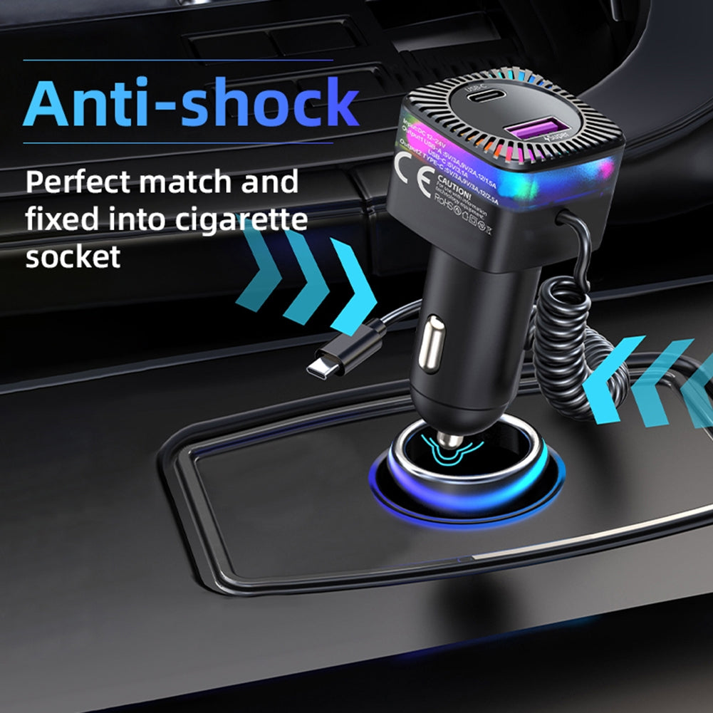 USB C Car Charger With 100W Type C Coiled Cable FM Transmitter Wireless Audio Receiver Car MP3 Player With Ambient Light black - Premium Car Chargers from Rapidvehicles - Just $23.99! Shop now at Rapidvehicles