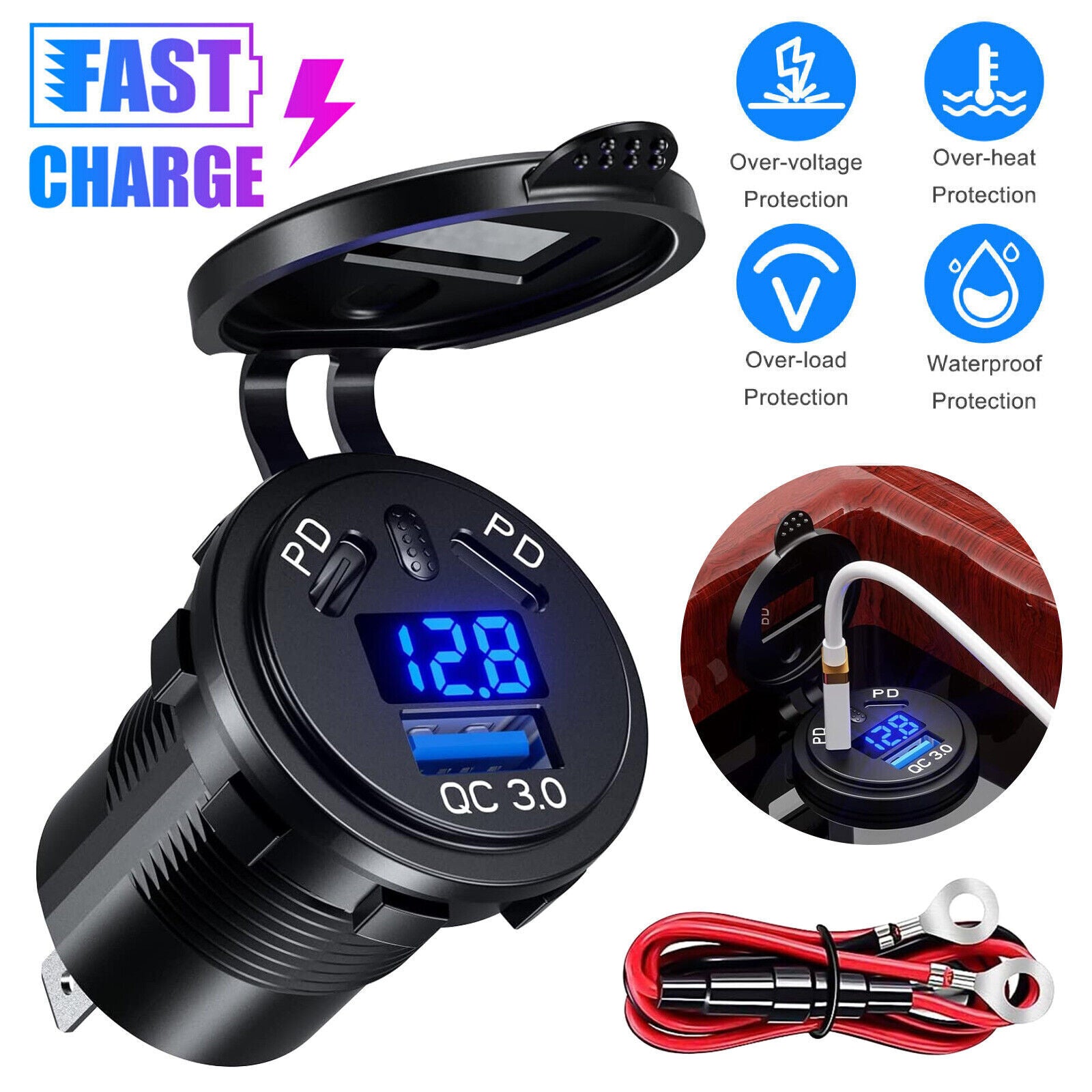 Car Charger Socket 45W PD USB Outlet 18W QC3.0 USB Charger Socket Car Cigarette Lighter Socket Charger Plug LED Voltmeter black - Premium Car Chargers from Rapidvehicles - Just $30.99! Shop now at Rapidvehicles