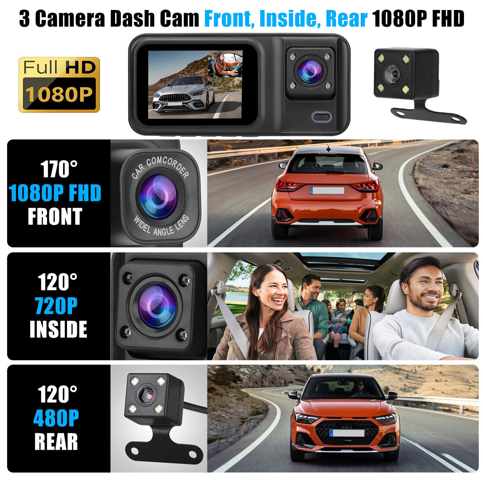 3 Channel Dash Cam 1080P Front 720P Cab 480P Rear Triple Dash Camera IPS Screen Driving Recorder 24Hr Parking Mode Black - Premium Car DVR from Rapidvehicles - Just $45.59! Shop now at Rapidvehicles