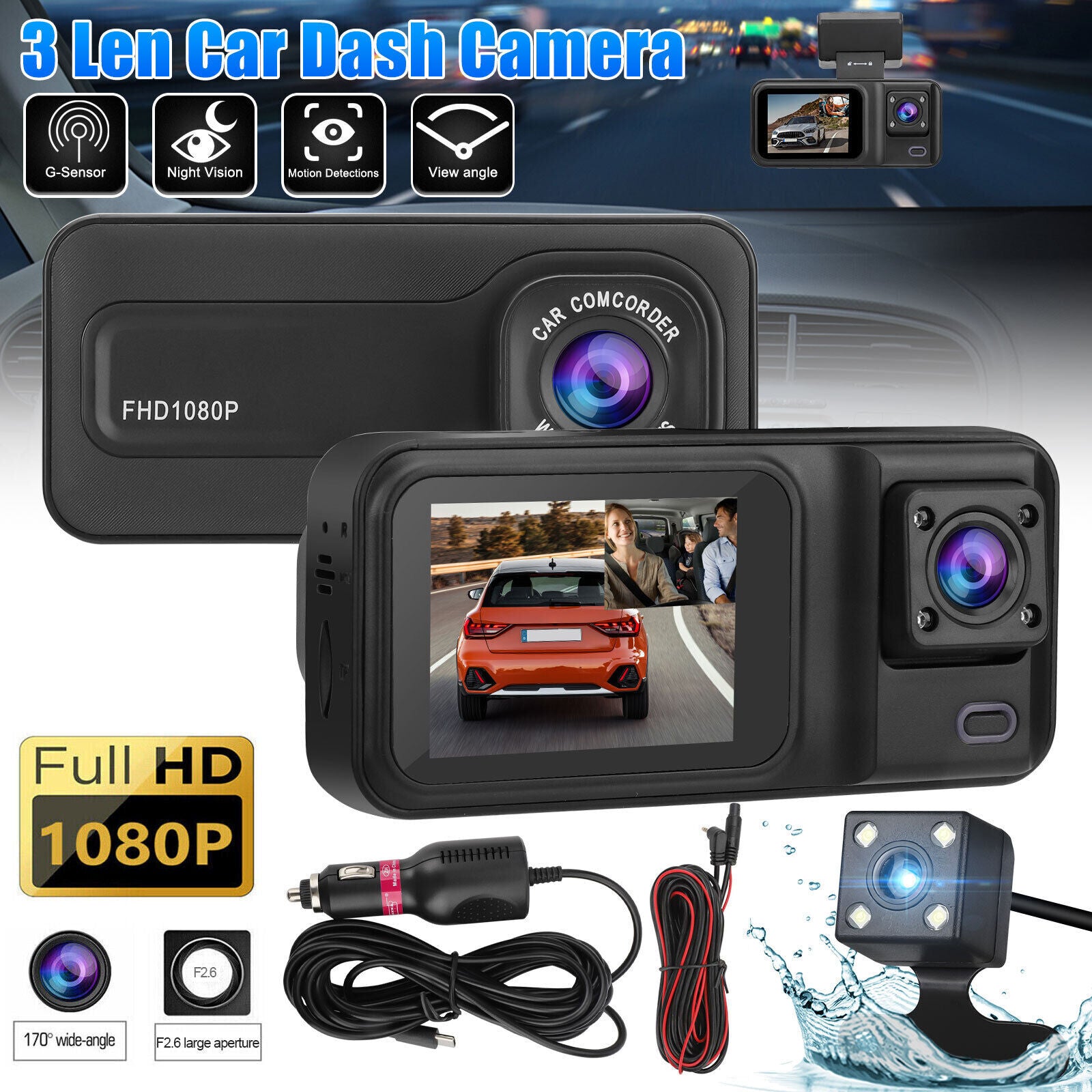 3 Channel Dash Cam 1080P Front 720P Cab 480P Rear Triple Dash Camera IPS Screen Driving Recorder 24Hr Parking Mode Black - Premium Car DVR from Rapidvehicles - Just $45.59! Shop now at Rapidvehicles