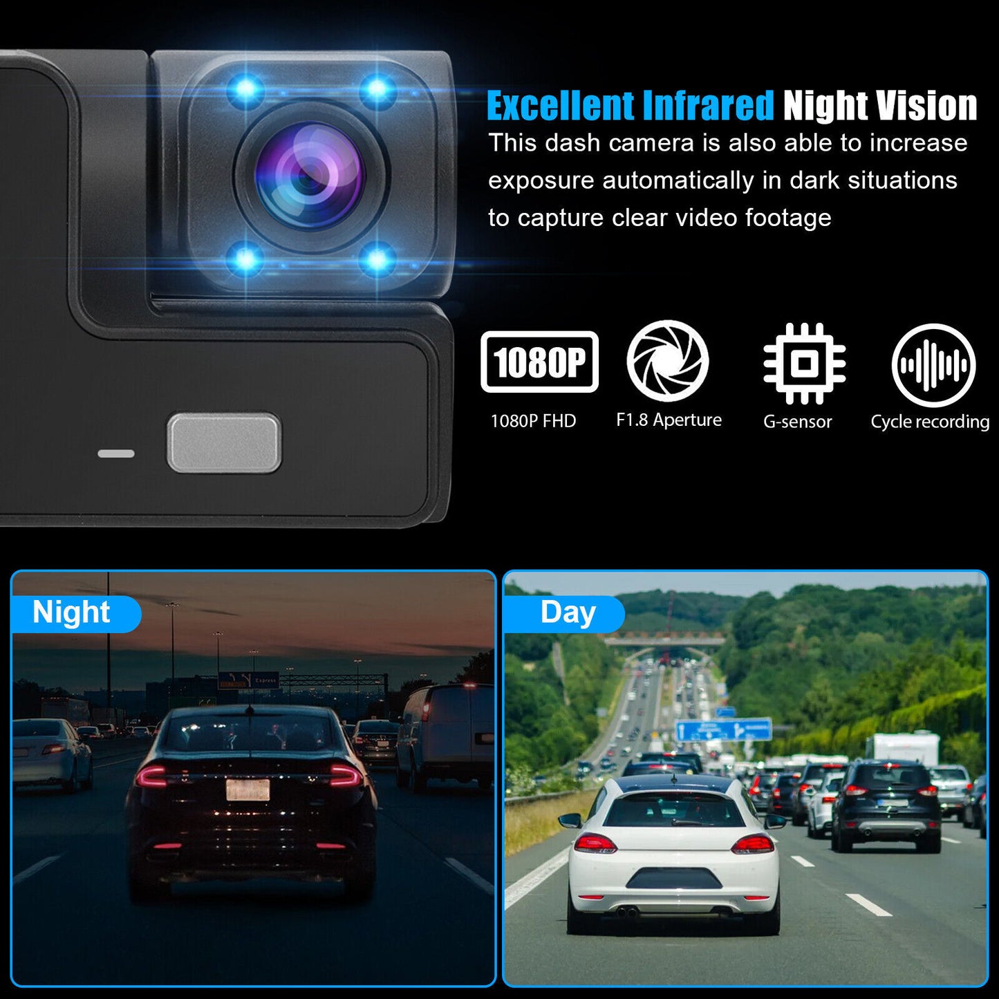 Car DVR Dash Cam Front And Rear Inside 3 Channel 1080P 2-inch IPS - Premium Car DVR from Rapidvehicles - Just $45.99! Shop now at Rapidvehicles