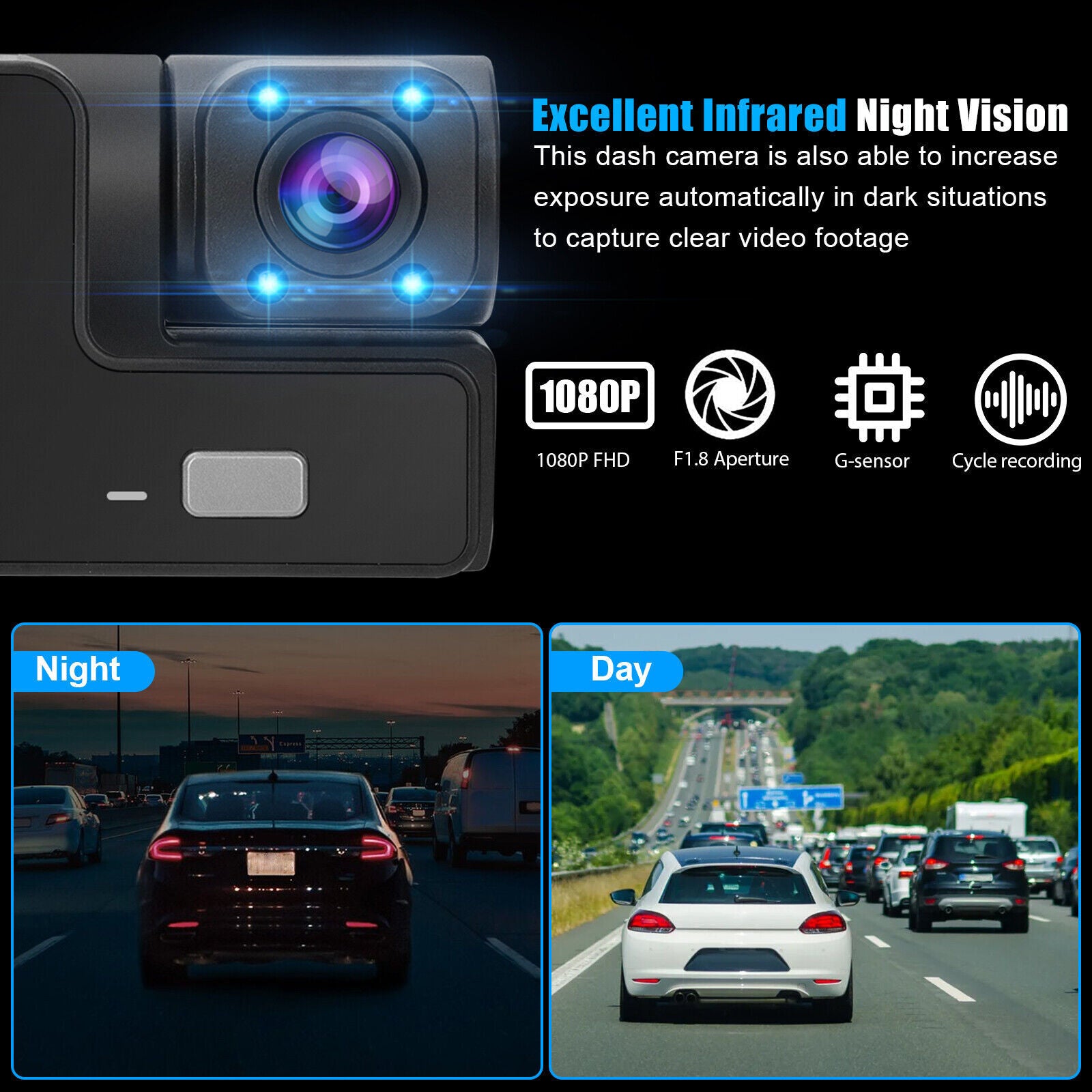 Car DVR Dash Cam Front And Rear Inside 3 Channel 1080P 2-inch IPS Screen Infrared Cabin Lights Night Vision Black - Premium Car DVR from Rapidvehicles - Just $37.84! Shop now at Rapidvehicles