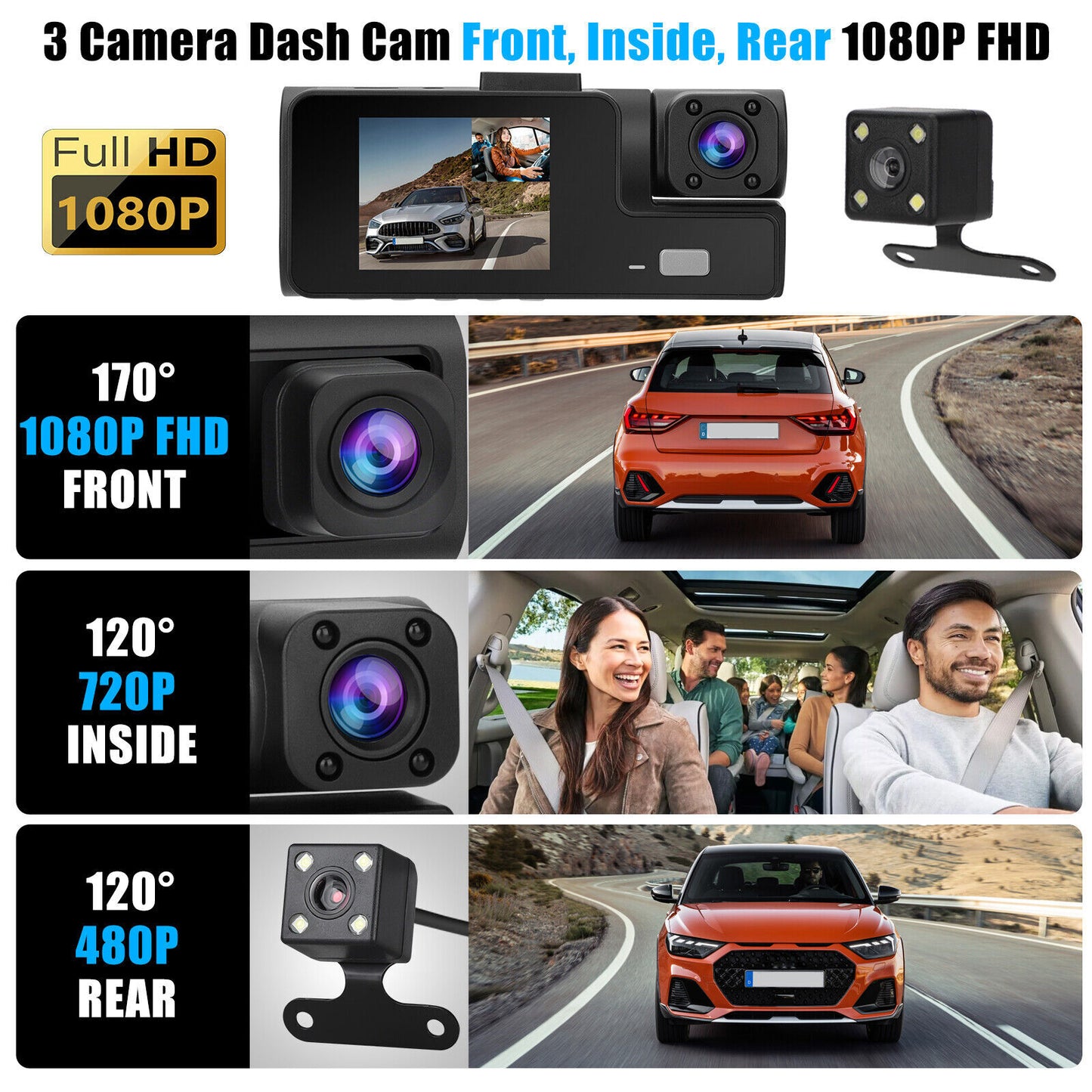 Car DVR Dash Cam Front And Rear Inside 3 Channel 1080P 2-inch IPS - Premium Car DVR from Rapidvehicles - Just $45.99! Shop now at Rapidvehicles