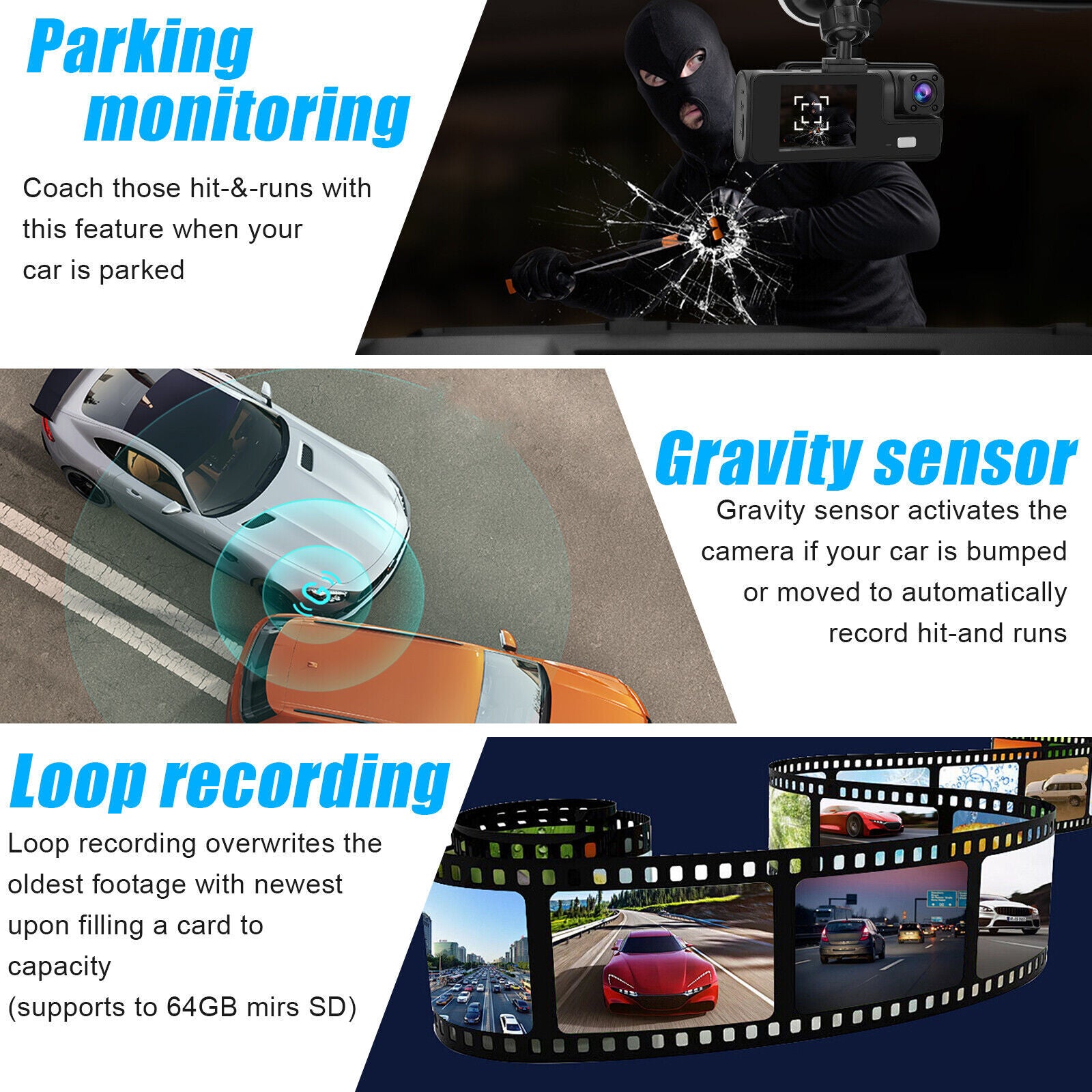 Car DVR Dash Cam Front And Rear Inside 3 Channel 1080P 2-inch IPS - Premium Car DVR from Rapidvehicles - Just $45.99! Shop now at Rapidvehicles