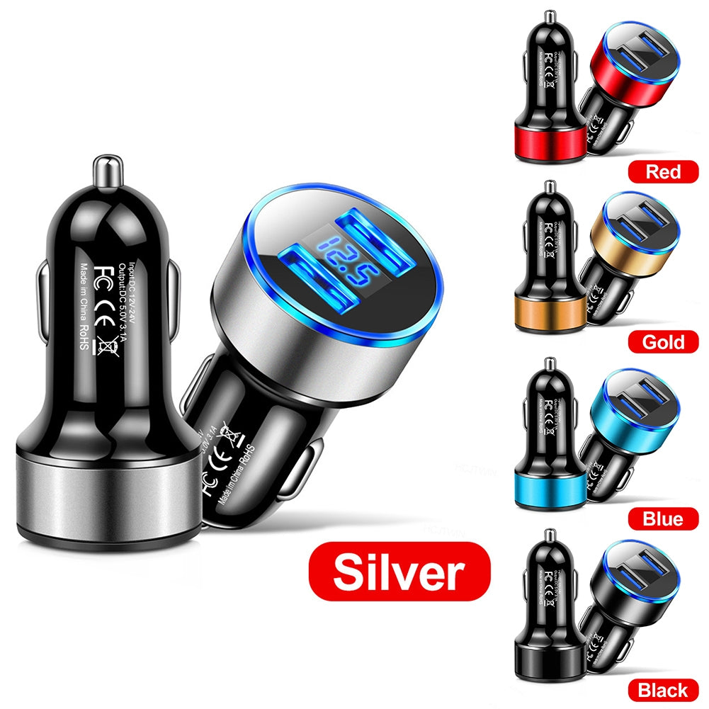 Car Charger Dual Port USB Fast Charging Adapter For Mobile Phones Tablets LED Display Circuit Protection 12V/24V Universal For Most Vehicles silver - Premium Car Chargers from Rapidvehicles - Just $10.41! Shop now at Rapidvehicles