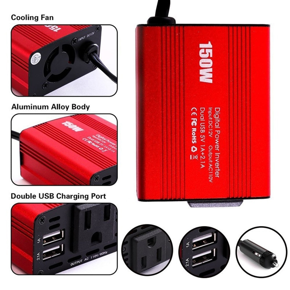 Dual USB 150W DC 12V to AC 110V/220V Power Converter Car Charger Adapter Car Inverter US Socket red - Premium Car Chargers from Rapidvehicles - Just $29.99! Shop now at Rapidvehicles