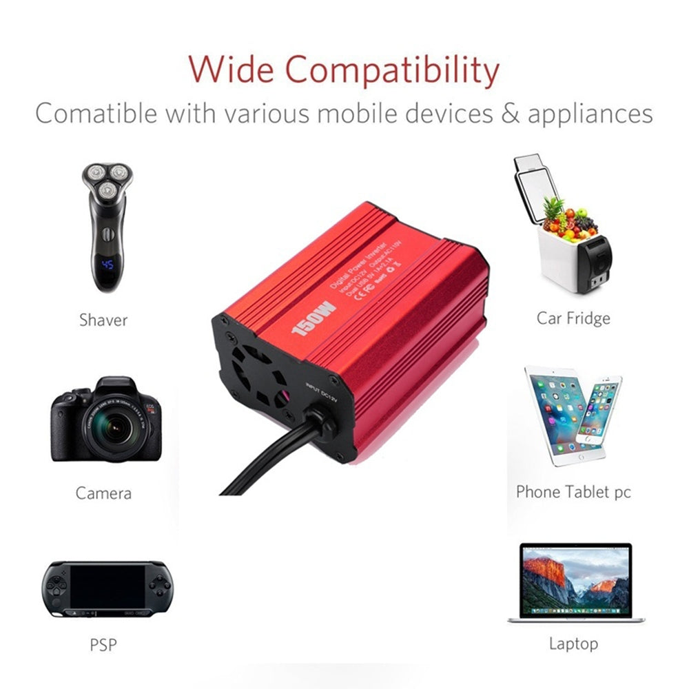 Dual USB 150W DC 12V to AC 110V/220V Power Converter Car Charger Adapter Car Inverter US Socket red - Premium Car Chargers from Rapidvehicles - Just $29.99! Shop now at Rapidvehicles