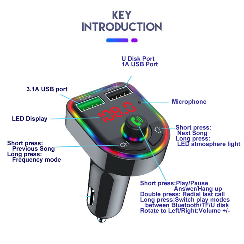 Luminous Bluetooth-compatible 5.0 Car  Fm  Transmitter Hands-free Multi-function Mp3 Player Wireless Receiver Usb Fast Charger black F6 - Premium Car Chargers from Rapidvehicles - Just $15.99! Shop now at Rapidvehicles