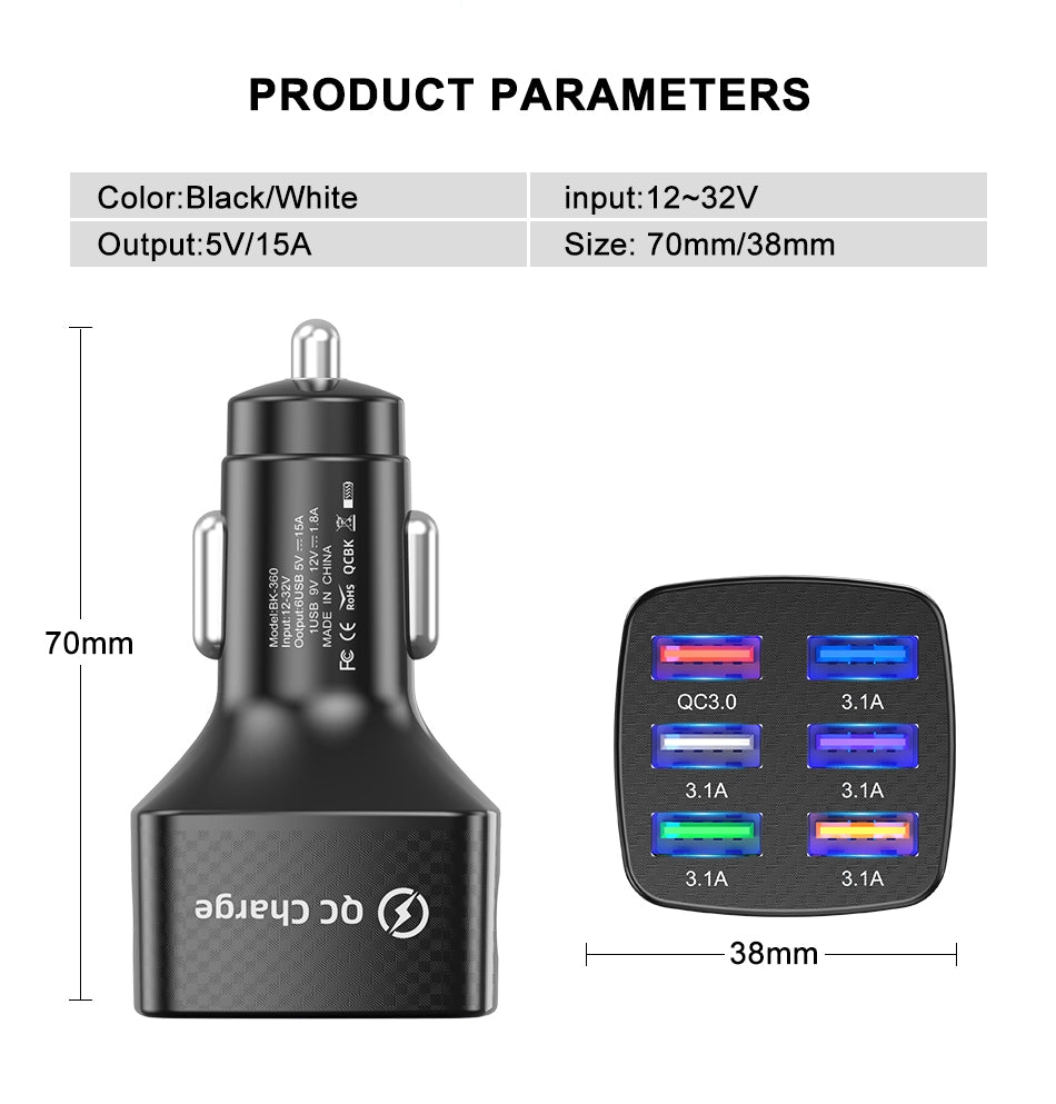 15a 6 Usb Car Charger Luminous Qc3.0 75w Fast Charging Phone Adapter with Led Light Display White - Premium Car Chargers from Rapidvehicles - Just $19.99! Shop now at Rapidvehicles