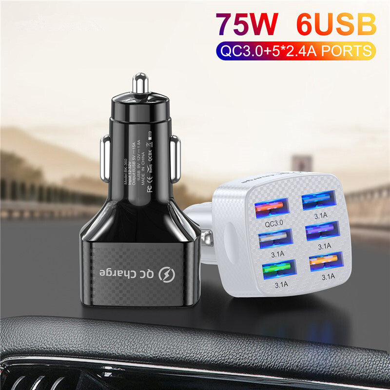 15a 6 Usb Car Charger Luminous Qc3.0 75w Fast Charging Phone Adapter with Led Light Display White - Premium Car Chargers from Rapidvehicles - Just $19.99! Shop now at Rapidvehicles