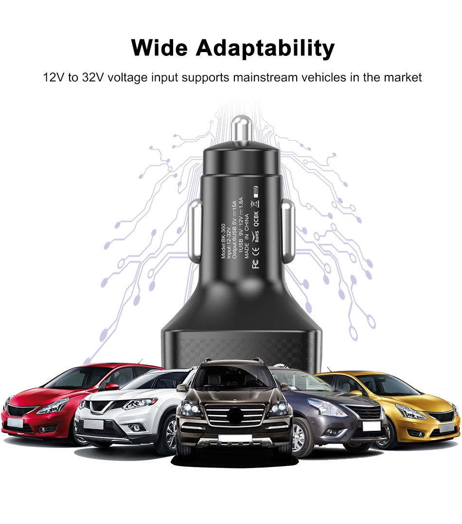 15a 6 Usb Car Charger Luminous Qc3.0 75w Fast Charging Phone Adapter with Led Light Display White - Premium Car Chargers from Rapidvehicles - Just $19.99! Shop now at Rapidvehicles