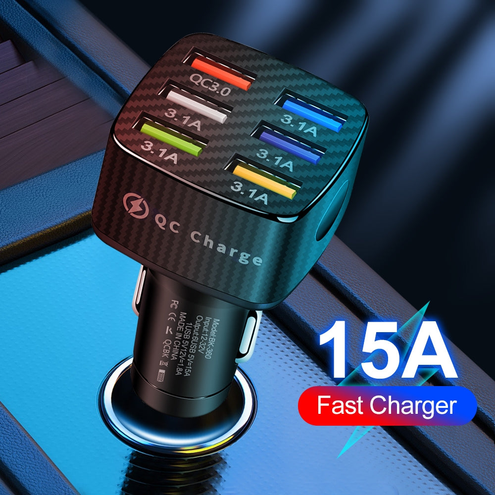 15a 6 Usb Car Charger Luminous Qc3.0 75w Fast Charging Phone Adapter with Led Light Display White - Premium Car Chargers from Rapidvehicles - Just $19.99! Shop now at Rapidvehicles