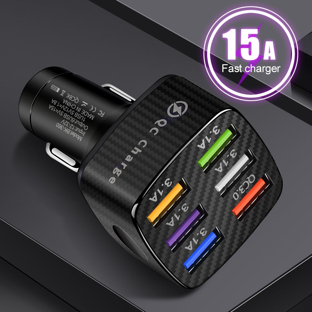 15a 6 Usb Car Charger Luminous Qc3.0 75w Fast Charging Phone Adapter with Led Light Display Black - Premium Car Chargers from Rapidvehicles - Just $13.99! Shop now at Rapidvehicles