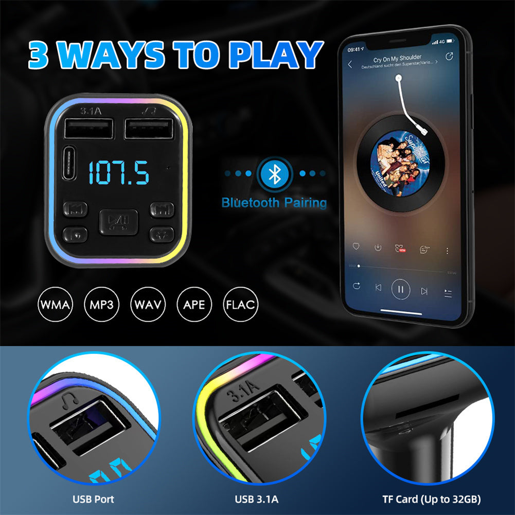 Led Backlight Bluetooth Fm Transmitter Dual Usb Type C Fast Charger Black - Premium Car Chargers from Rapidvehicles - Just $14.99! Shop now at Rapidvehicles