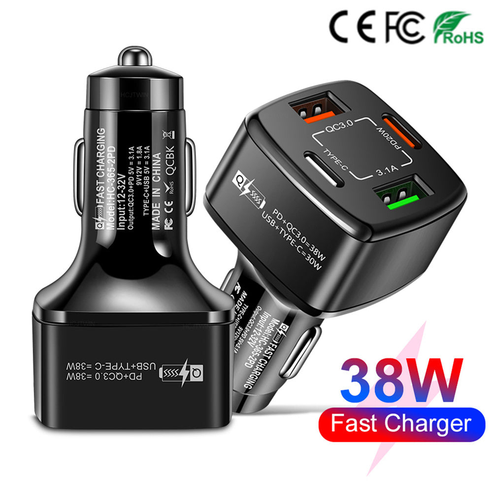 4-in-1 Type-C Fast Car Charger 38W Pd Qc3.0 3.1a 2usb Dual-Line - Premium Car Chargers from Rapidvehicles - Just $15.99! Shop now at Rapidvehicles