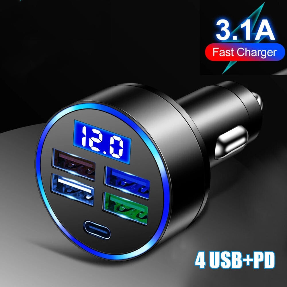 5-in-1 Charger 4 USB Port Type-c Fast Car Charger Led Digital - Premium Car Chargers from Rapidvehicles - Just $13.99! Shop now at Rapidvehicles