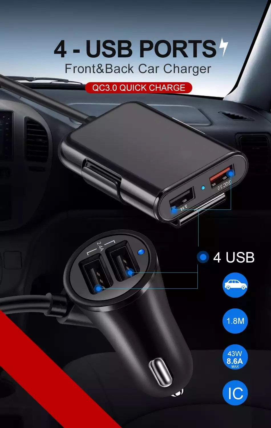 40w 8a Qc3.0 Fast Car Charger 1 To 4 Front Rear Seat Quick - Premium Car Chargers from Rapidvehicles - Just $21.99! Shop now at Rapidvehicles