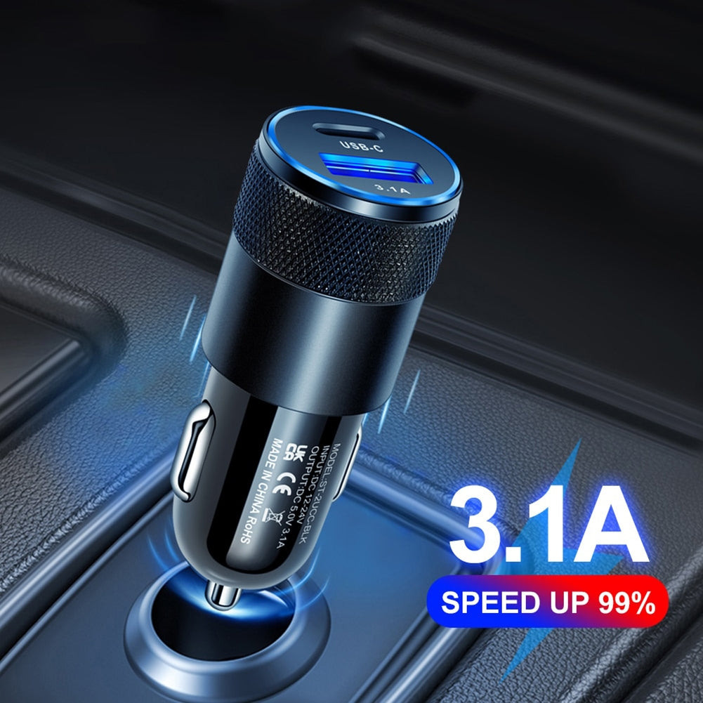 3.1A USB+PD Car Charger 1 To 2 Threaded Plug Mini Portable Multi-Functional Type-C Charger For Mobile Phones black - Premium Car Chargers from Rapidvehicles - Just $11.99! Shop now at Rapidvehicles