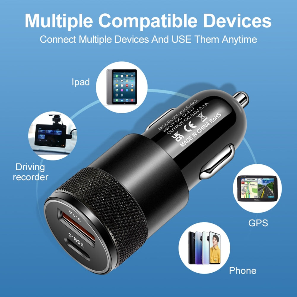 3.1A USB+PD Car Charger 1 To 2 Threaded Plug Mini Portable - Premium Car Chargers from Rapidvehicles - Just $9.99! Shop now at Rapidvehicles