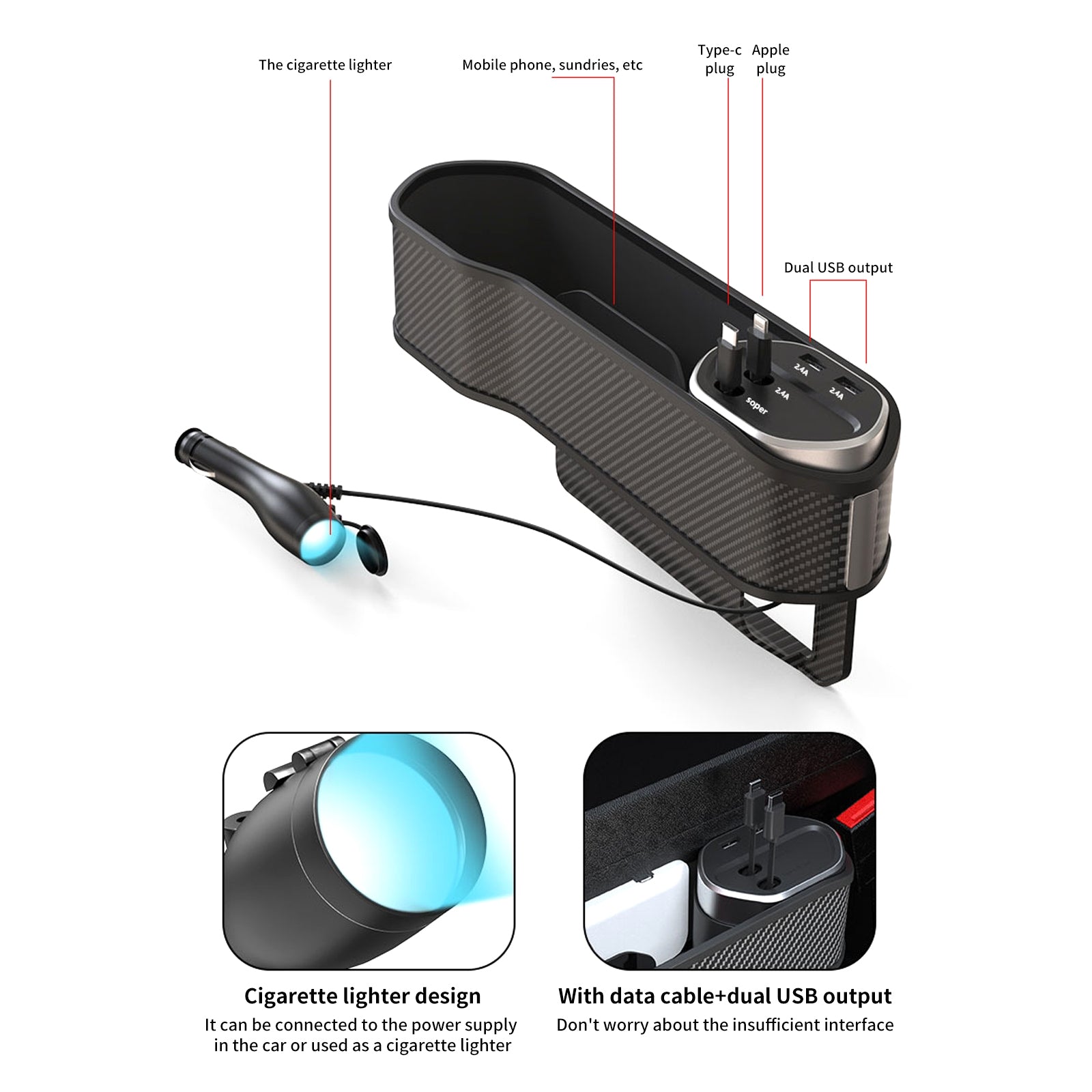 Car Seat Gap Filler Organizer Cigarette Lighter Car Storage Box without Wireless Charging - Premium Car Chargers from Rapidvehicles - Just $49.99! Shop now at Rapidvehicles