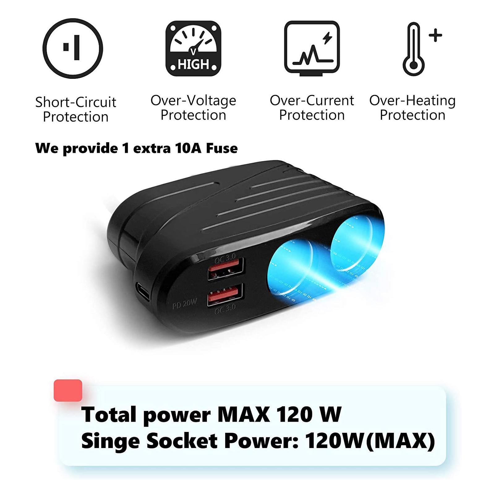 TR31 Cigarette Lighter Adapter 2 Socket Cigarette Lighter Splitter 3 USB Charging Ports For All Car Devices GPS Dash Cam With Cable black - Premium Car Chargers from Rapidvehicles - Just $28.99! Shop now at Rapidvehicles