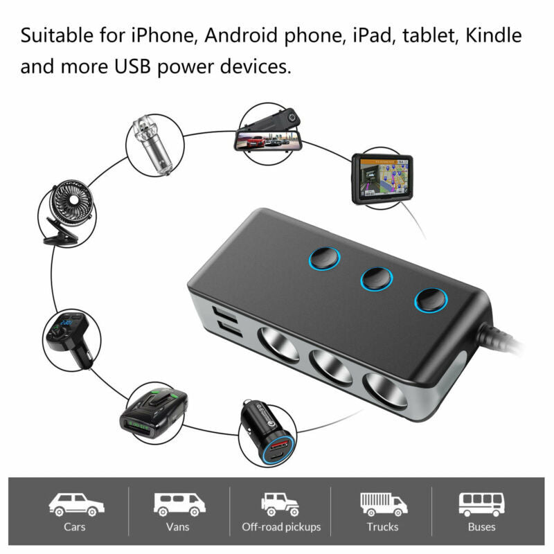 Cigarette Lighter Adapter 120W 12V 3 Socket Cigarette Lighter Splitter 4 USB Charging Ports Independent Switch Car Splitter Adapter For All Car Devices black - Premium Car Chargers from Rapidvehicles - Just $38.99! Shop now at Rapidvehicles