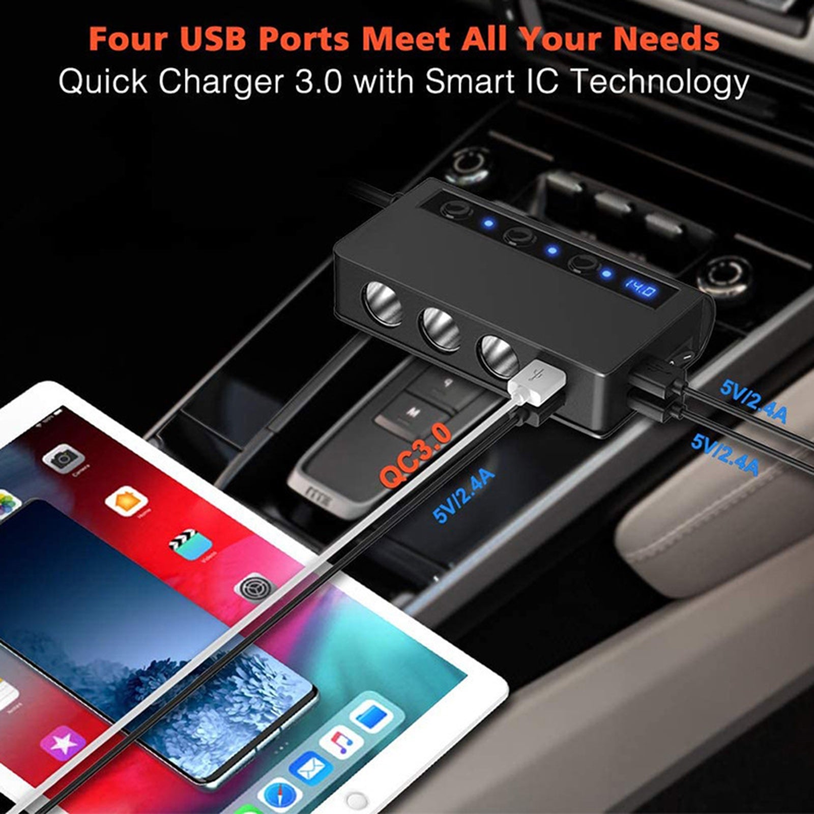 180W USB Car Charger Splitter Adapter 12V 24V Car Splitter 3 Socket Car Cigarette Lighter Splitter With 4 Quick Charge USB Ports black - Premium Car Chargers from Rapidvehicles - Just $39.99! Shop now at Rapidvehicles