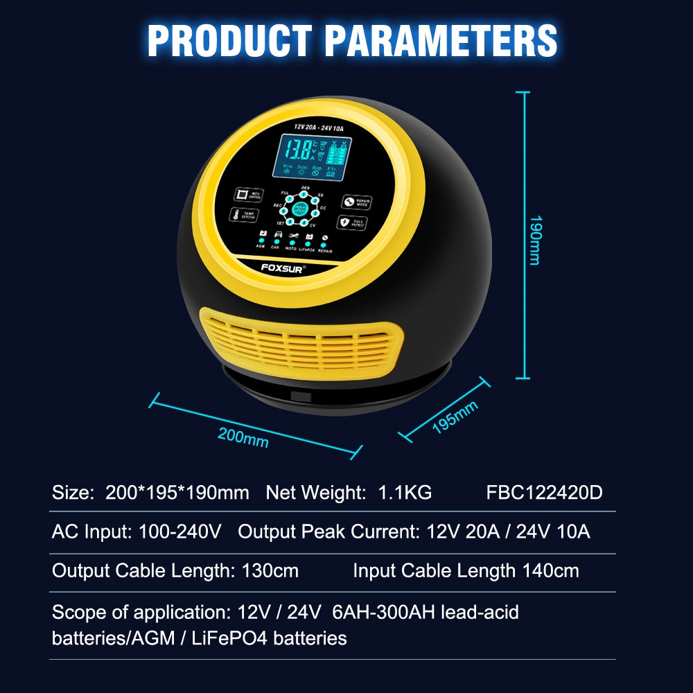 FOXSUR Car Battery Charger 12V 24V Automatic Smart Charger with - Premium Other Car Tools from Rapidvehicles - Just $109.99! Shop now at Rapidvehicles