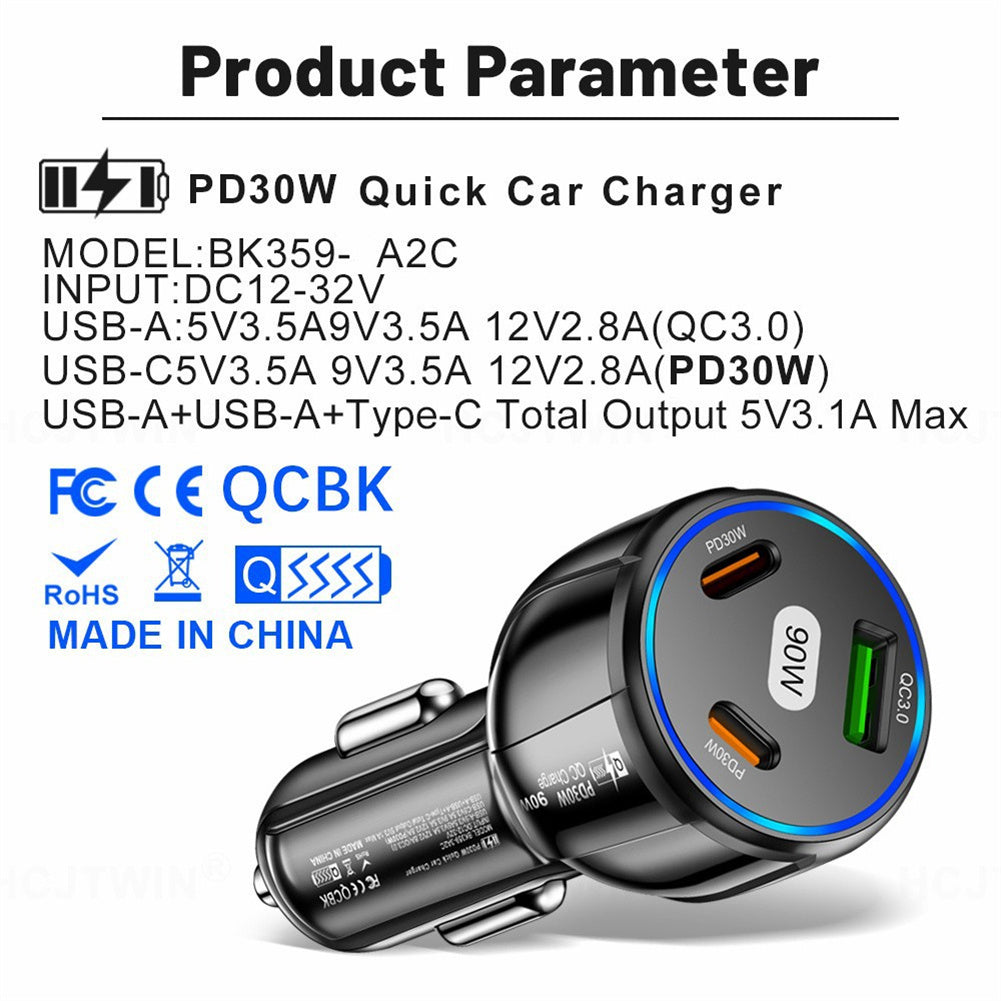 Car Charger Fast Charging 90W USB Charger 2 PD USB C 1 USB A Car Charger For Smartphones Tablets Video Game Controllers White - Premium Car Chargers from Rapidvehicles - Just $14.99! Shop now at Rapidvehicles