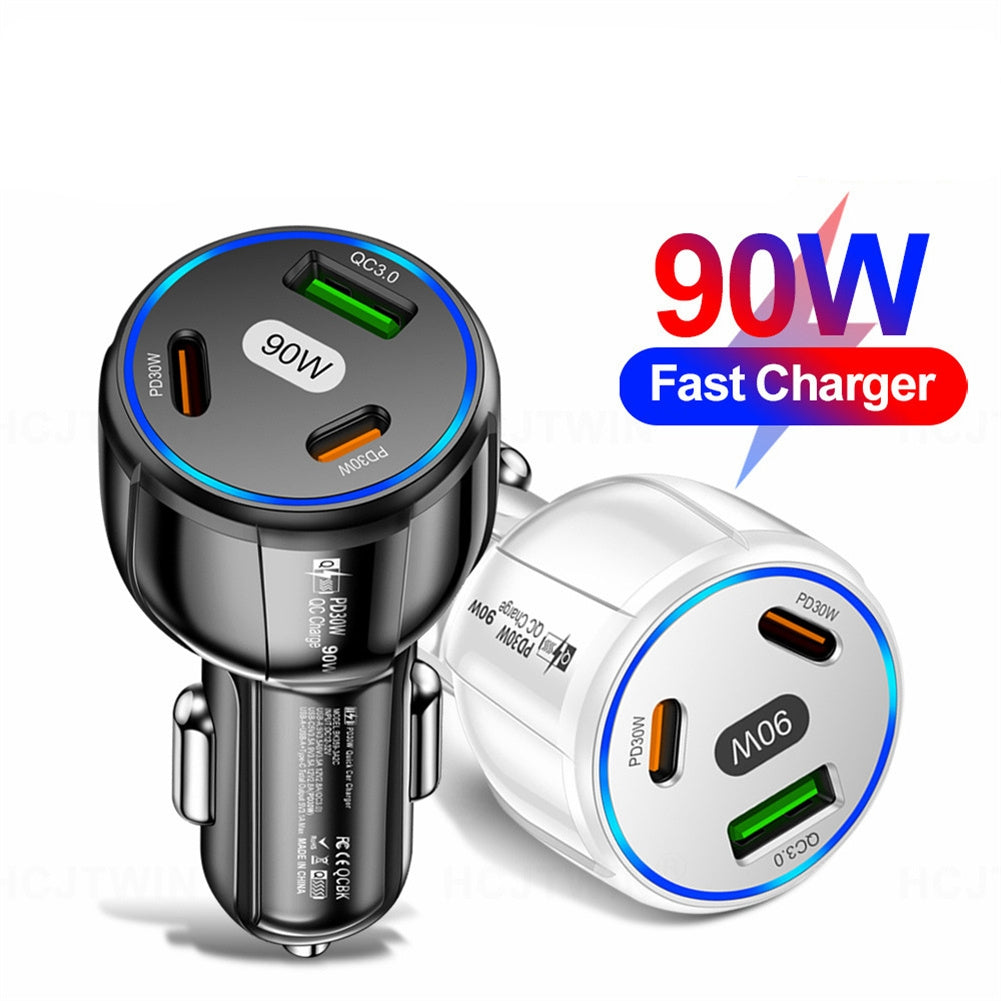 Car Charger Fast Charging 90W USB Charger 2 PD USB C 1 USB A Car Charger For Smartphones Tablets Video Game Controllers White - Premium Car Chargers from Rapidvehicles - Just $14.99! Shop now at Rapidvehicles