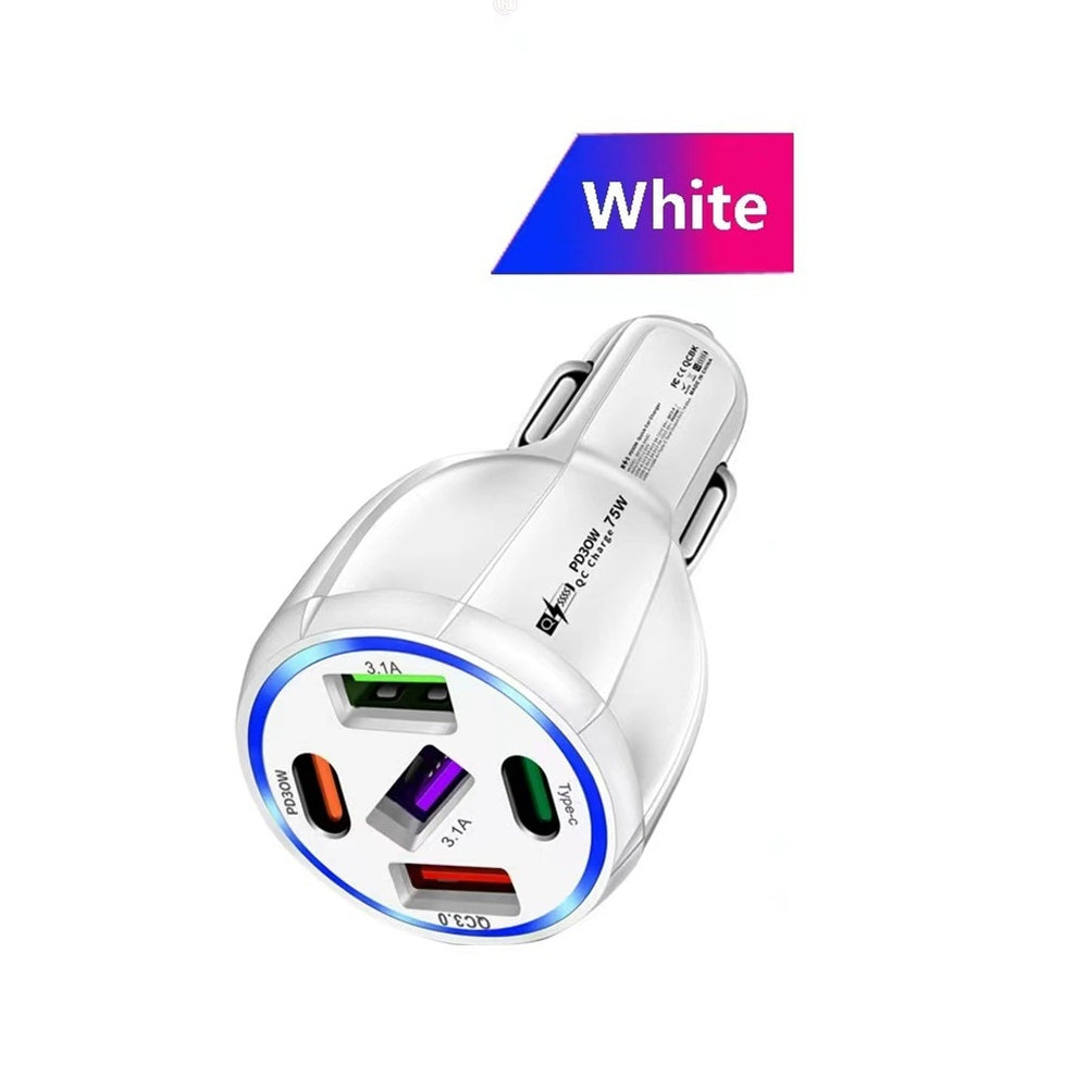 Car Charger 75W 5 Multi Port Car Charger Adapter 3 USB 2 PD Type C Ports Cigarette Lighter For Smartphones Laptops Tablets White - Premium Car Chargers from Rapidvehicles - Just $14.99! Shop now at Rapidvehicles