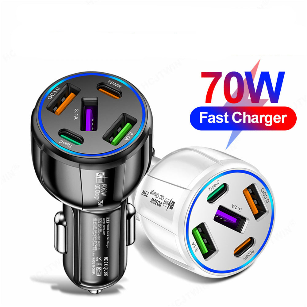 Car Charger 75W 5 Multi Port Car Charger Adapter 3 USB 2 PD Type C Ports Cigarette Lighter For Smartphones Laptops Tablets White - Premium Car Chargers from Rapidvehicles - Just $14.99! Shop now at Rapidvehicles