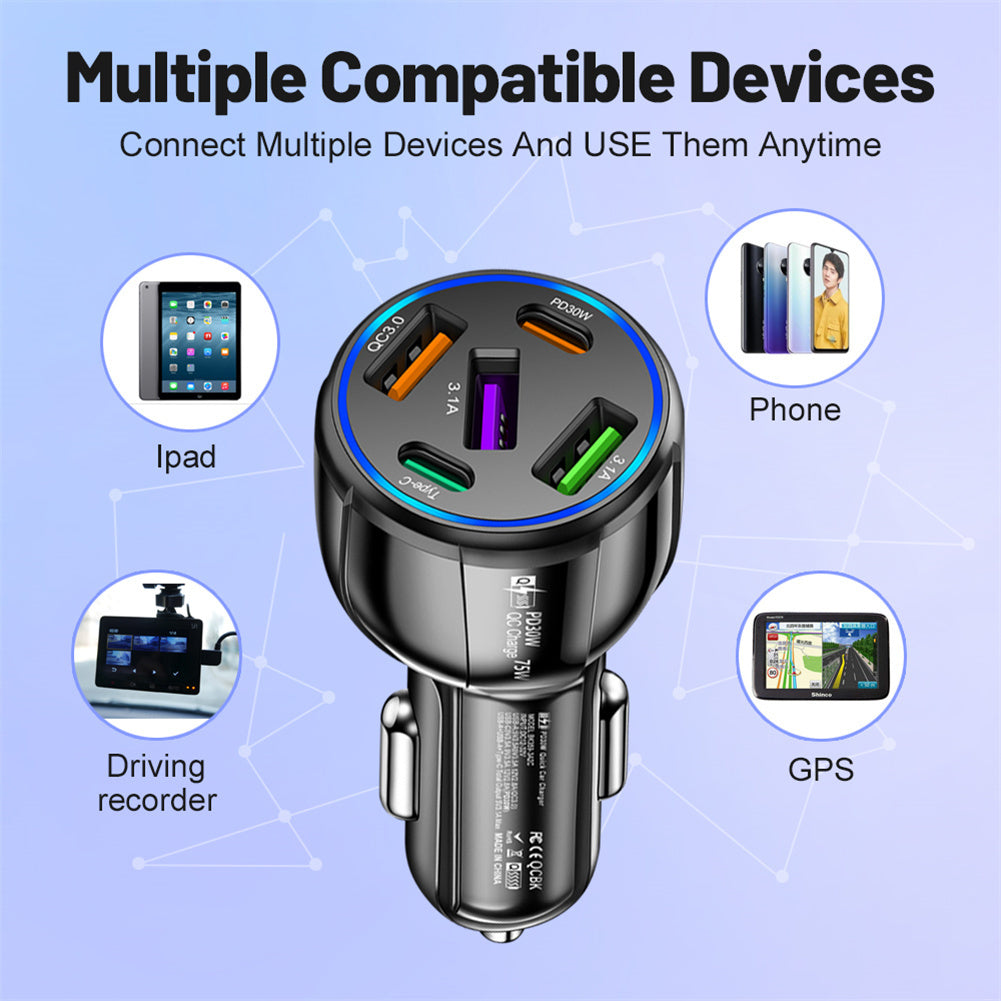 Car Charger 75W 5 Multi Port Car Charger Adapter 3 USB 2 PD Type C Ports Cigarette Lighter For Smartphones Laptops Tablets White - Premium Car Chargers from Rapidvehicles - Just $12.43! Shop now at Rapidvehicles