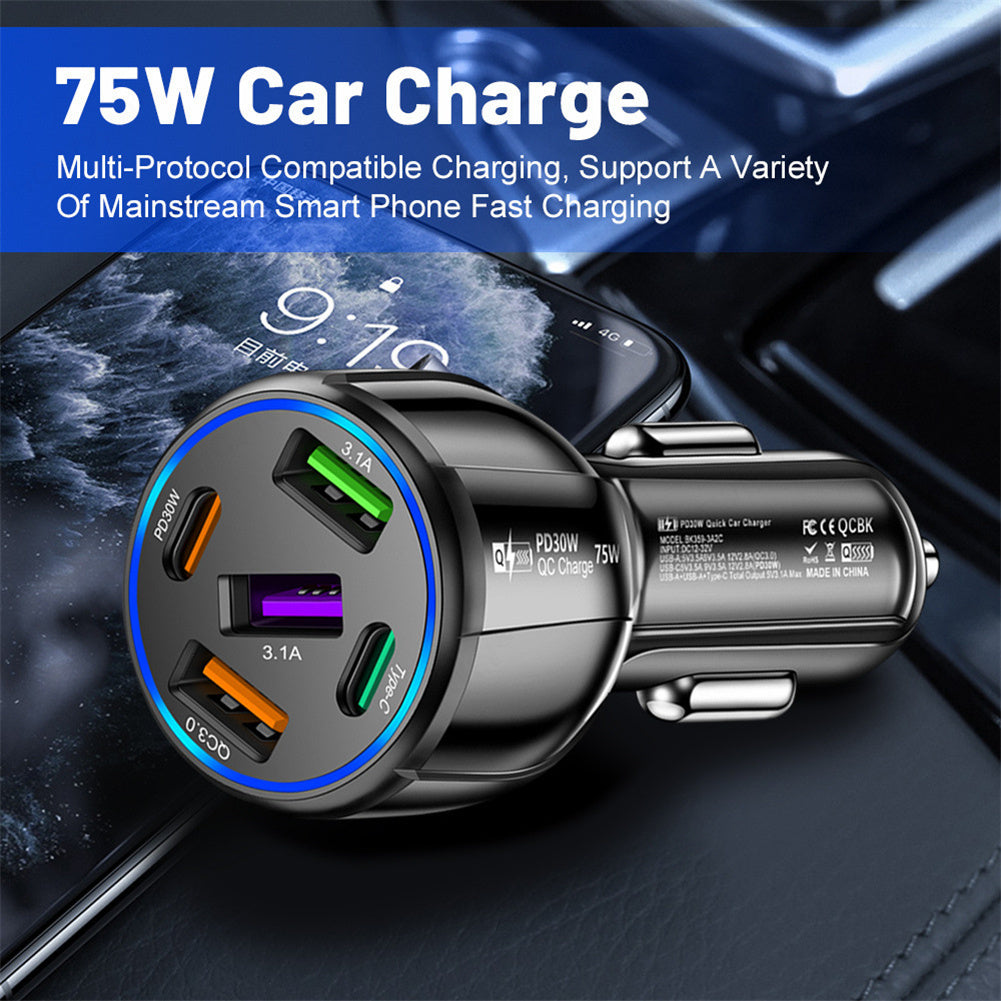 Car Charger 75W 5 Multi Port Car Charger Adapter 3 USB 2 PD Type C Ports Cigarette Lighter For Smartphones Laptops Tablets White - Premium Car Chargers from Rapidvehicles - Just $12.43! Shop now at Rapidvehicles