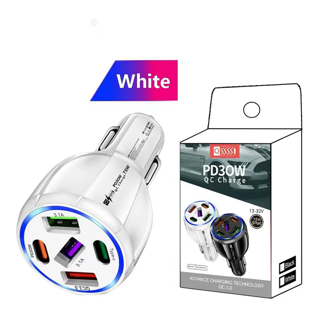 Car Charger 75W 5 Multi Port Car Charger Adapter 3 USB 2 PD Type C Ports Cigarette Lighter For Smartphones Laptops Tablets White - Premium Car Chargers from Rapidvehicles - Just $12.43! Shop now at Rapidvehicles