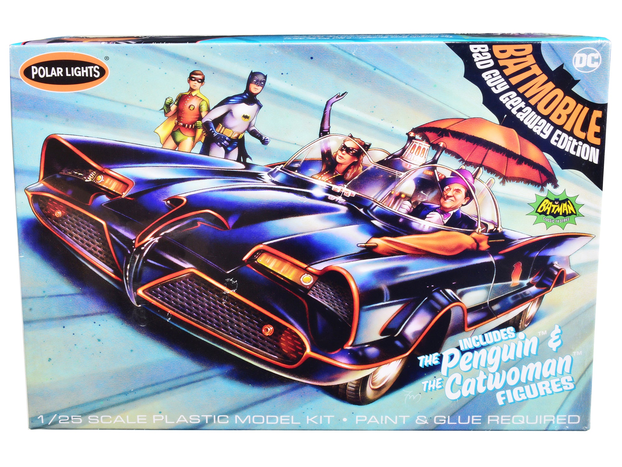 Skill 2 Model Kit 1966 Batmobile "Bad Guy Getaway Edition" with Penguin and Catwoman Figures "Batman" (1966-1968) TV Series 1/25 Scale Model by Polar Lights free shipping USA