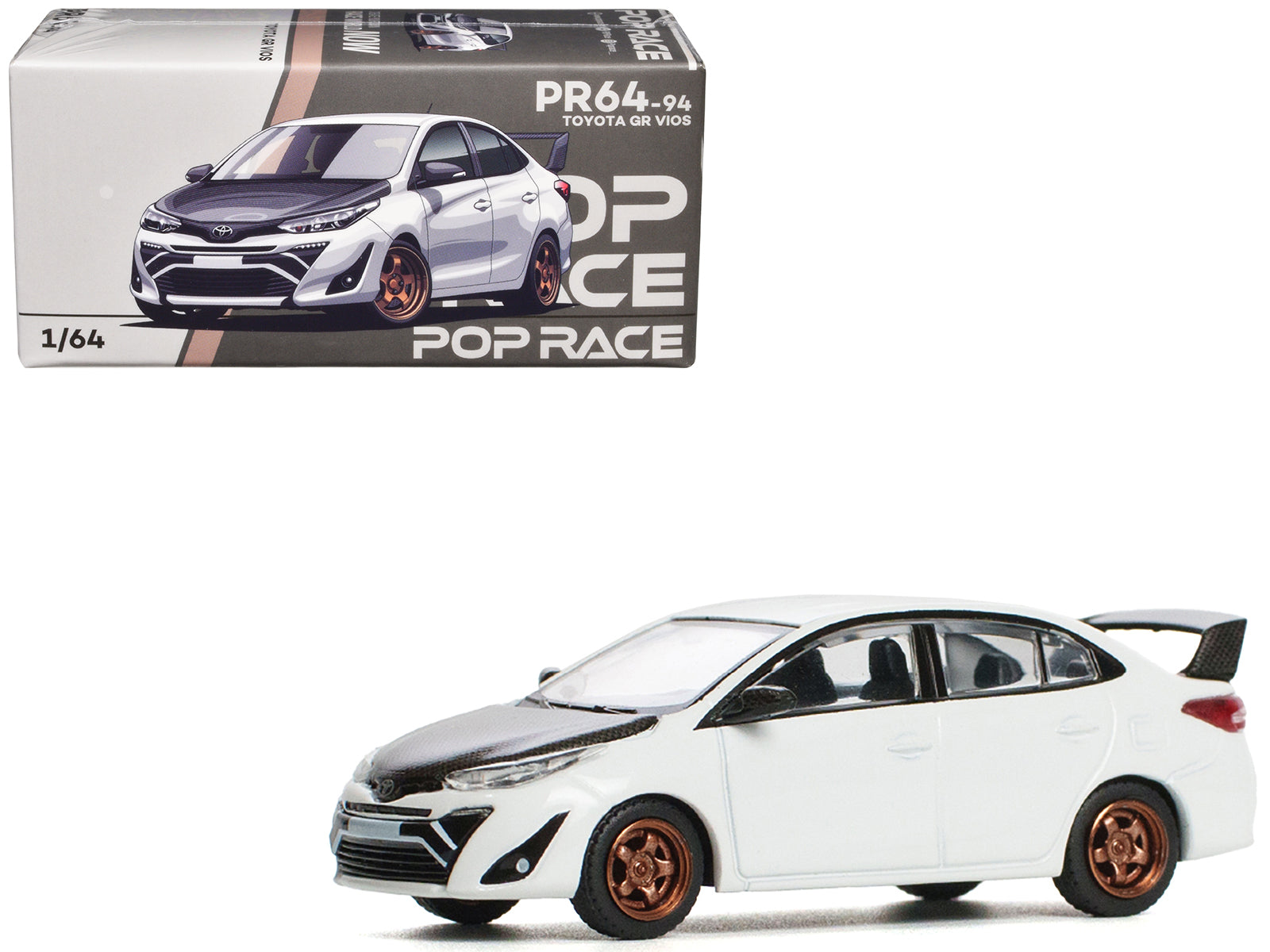 Toyota GR Vios White with Carbon Hood 1/64 Diecast Model Car by Pop Race free shipping USA