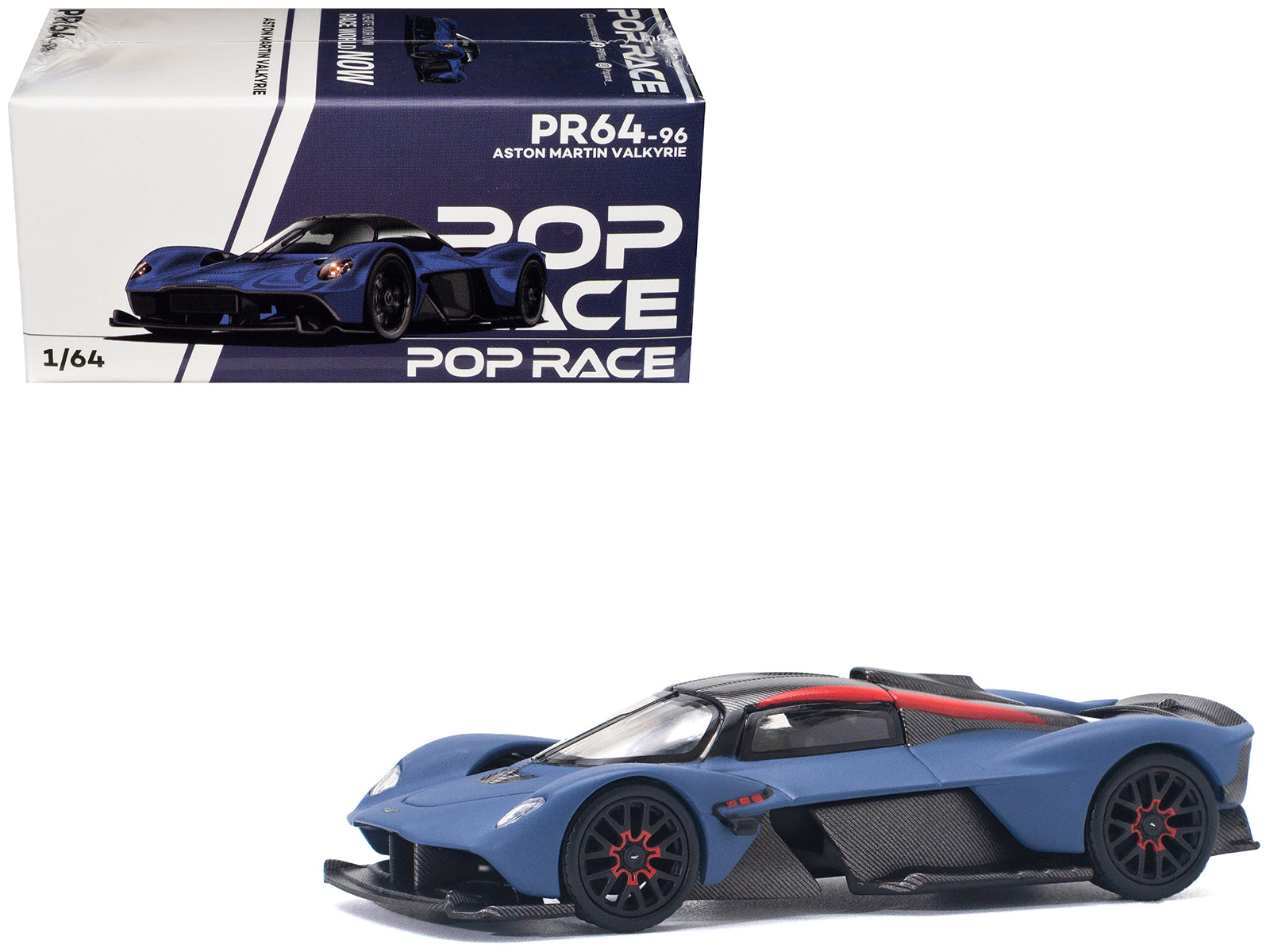 Aston Martin Valkyrie Satin Marina Blue with Carbon Top 1/64 Diecast Model Car by Pop Race free shipping USA