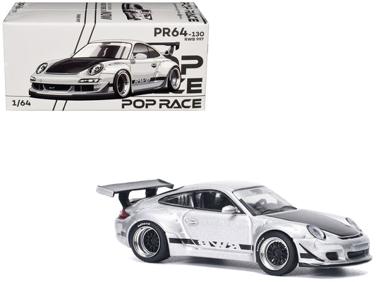 RWB 997 Silver Metallic with Black Stripes and Hood 1/64 Diecast Model Car by Pop Race