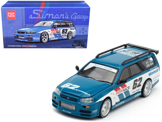Nissan Stagea RHD (Right Hand Drive) #62 "Simon's Garage" Blue with White Sides 1/64 Diecast Model Car by Pop Race - Use code SHOPAPP15 to get 15 percent off