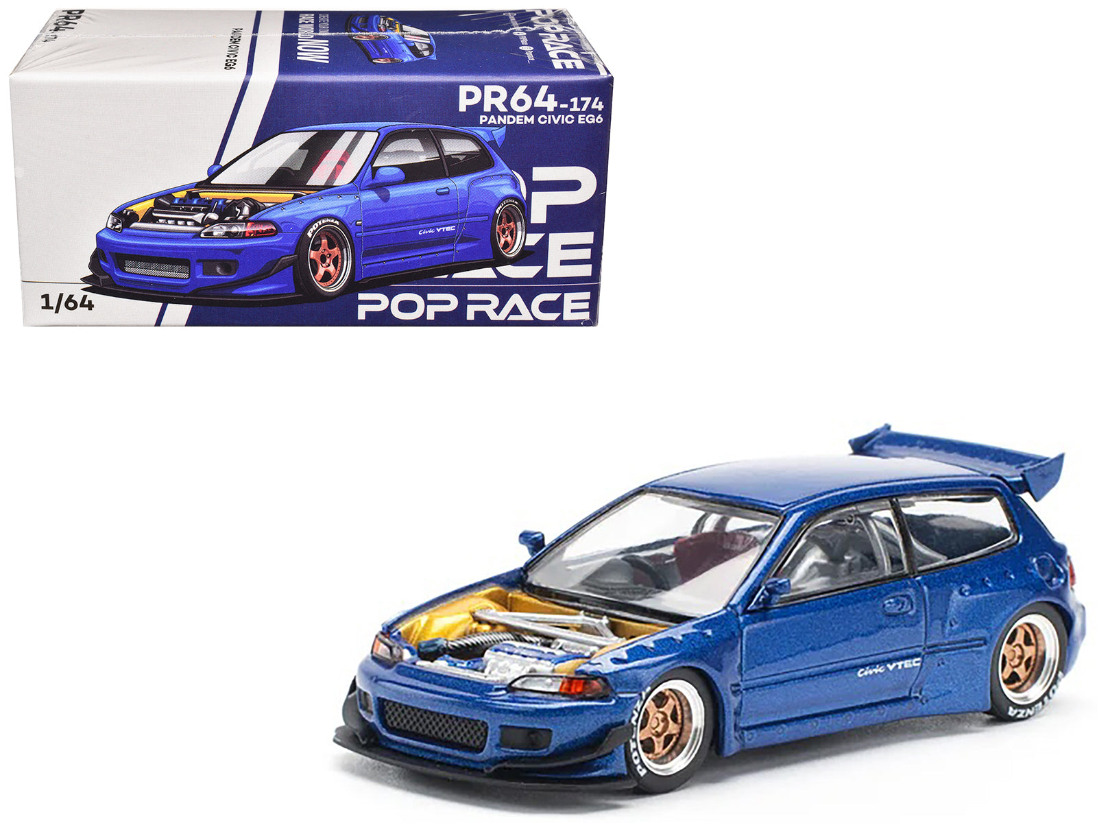 Pandem Civic EG6 VTEC RHD (Right Hand Drive) Blue Metallic with No Hood 1/64 Diecast Model Car by Pop Race free shipping USA
